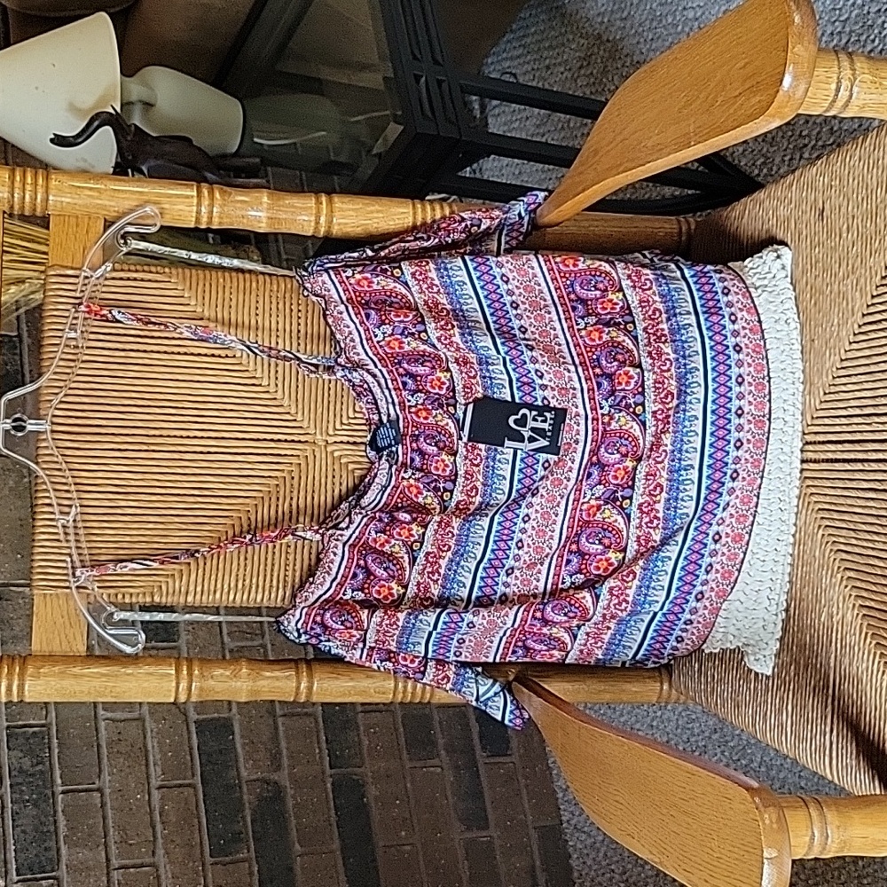 Love Tease cami, open shoulder top, size L, boho multicolored